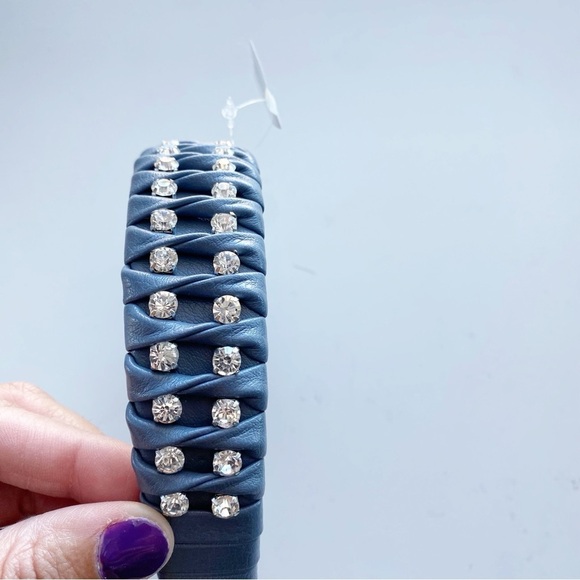 ANTHROPOLOGIE Slate Gray Vegan Faux Leather Crystal Studded Headband NWT - Picture 4 of 6